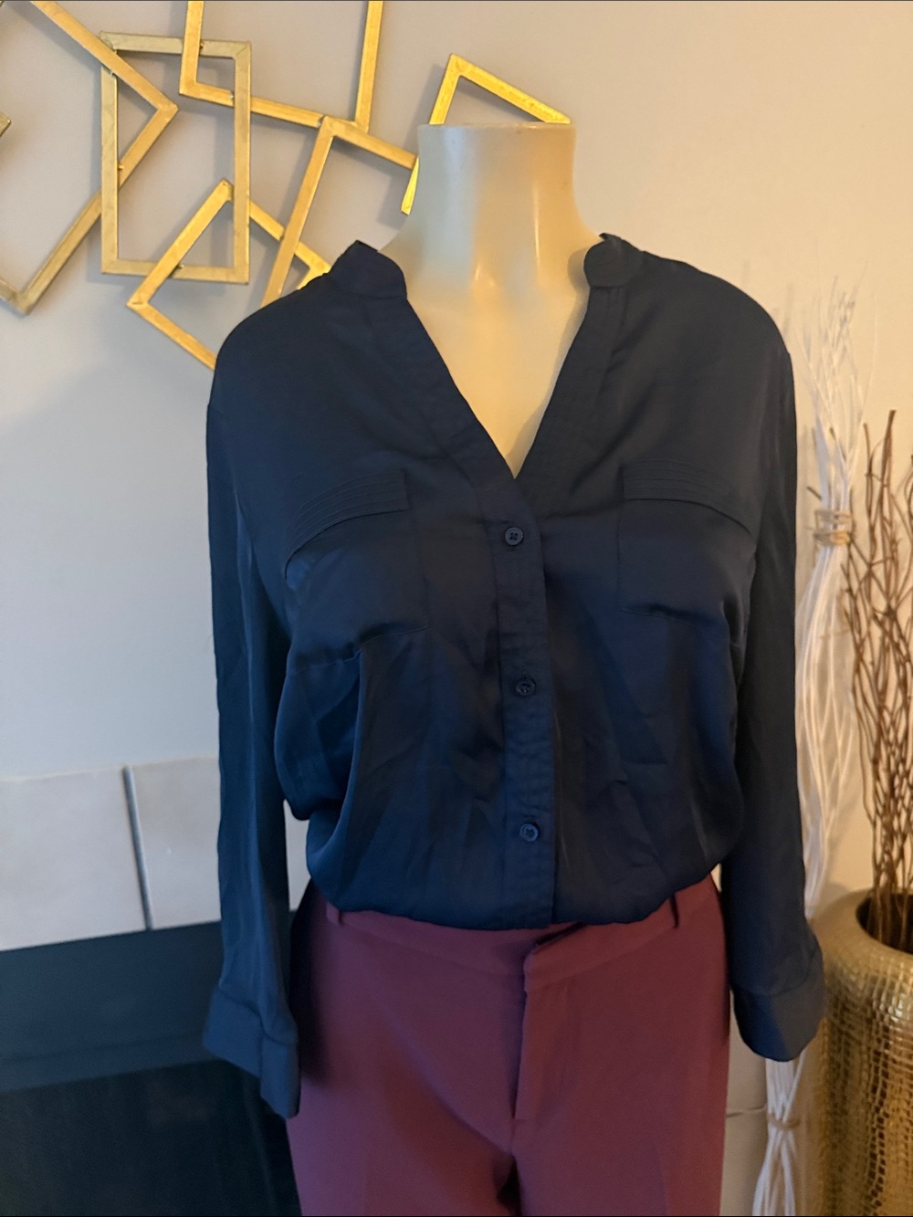 The Limited Navy Button-Down V-Neck Blouse